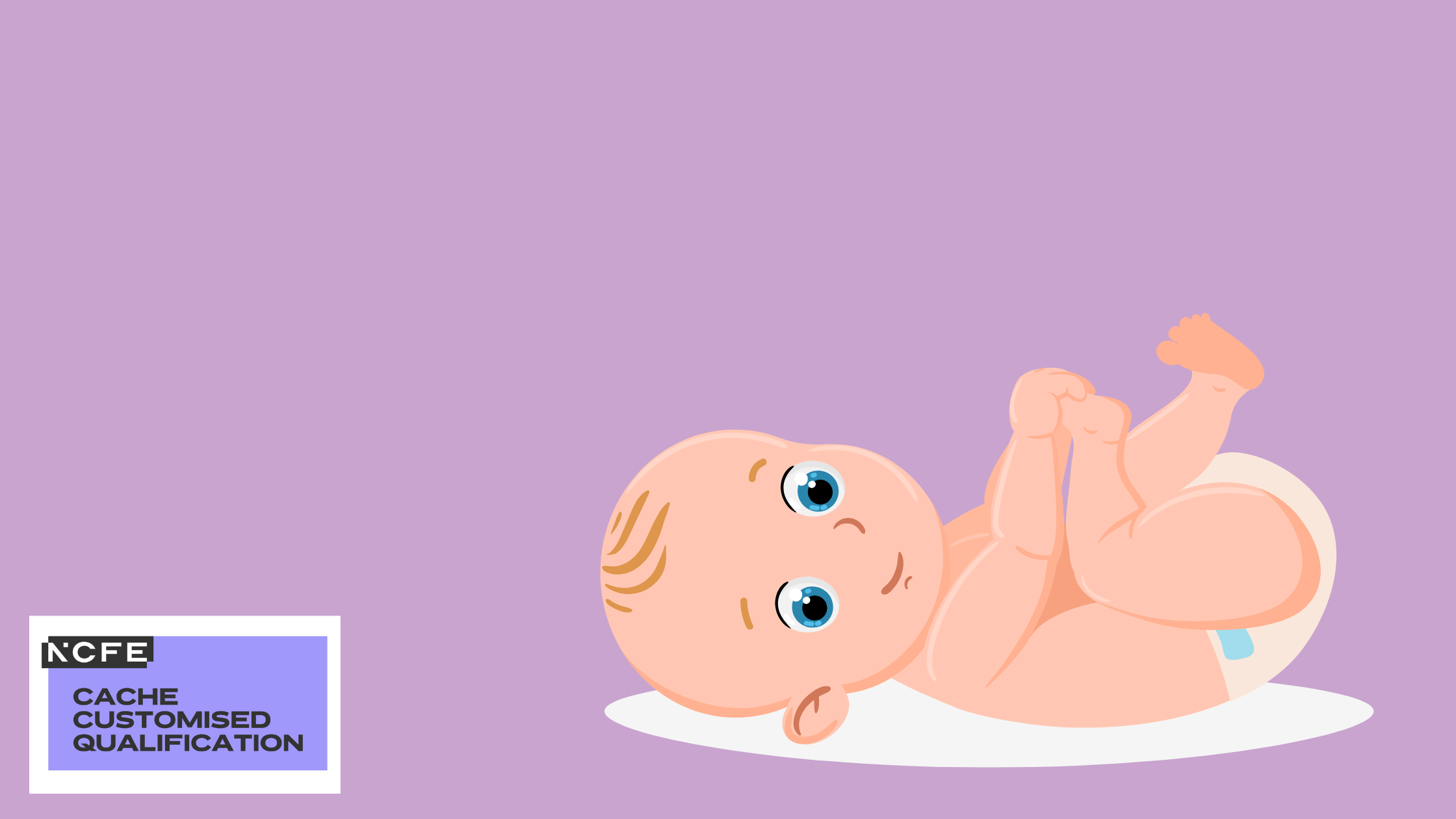 Cartoon image of baby in nappy led on back holding toes