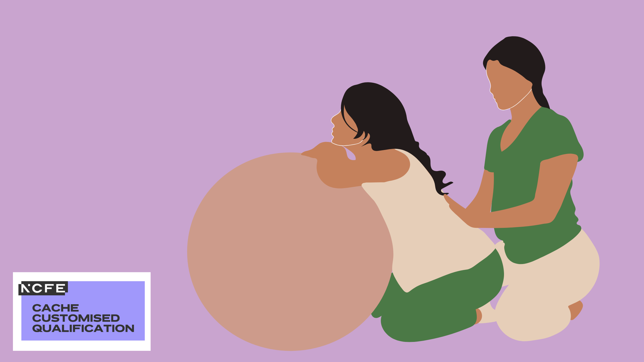 Cartoon picture showing pregnant woman on knelt by birthing ball with Doula/ woman rubbing her lower back