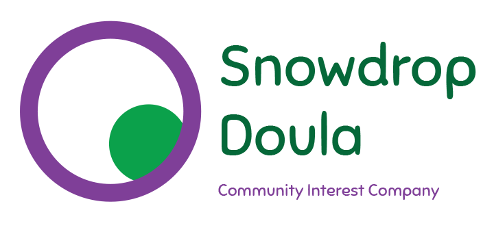 Snowdrop Doula logo. A purple circle outline with white Centre and smaller green circle to the bottom right.